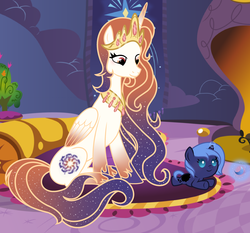 Size: 3256x3032 | Tagged: safe, artist:parisa07, princess luna, oc, oc:queen galaxia, alicorn, pony, unicorn, g4, 's parents, baby, baby pony, celestia and luna's mother, female, filly, high res, magic, mother and daughter, prone, woona, younger