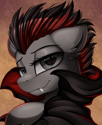 Size: 1446x1764 | Tagged: safe, artist:pridark, oc, oc only, oc:ruza, pony, vampire, bust, cape, clothes, commission, fangs, female, handsome, mare, portrait, solo, wavy mouth