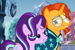 Size: 2368x1584 | Tagged: safe, artist:parisa07, starlight glimmer, sunburst, pony, g4, crystal empire, female, glasses, happy, looking at each other, male, ship:starburst, shipping, smiling, straight