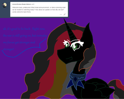 Size: 1161x932 | Tagged: safe, artist:dazzlingmimi, princess celestia, alicorn, pony, tumblr:the sun has inverted, g4, armor, ask, blue sun, color change, corrupted, corrupted celestia, darkened coat, deranged, female, green eye, invert princess celestia, inverted, inverted colors, inverted princess celestia, madness, possessed, purple background, rainbow hair, scary, sidemouth, simple background, solo, speech bubble, tumblr, violet background, word bubble