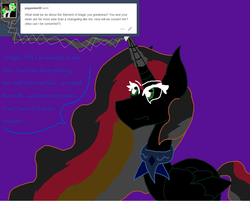 Size: 1161x932 | Tagged: safe, artist:dazzlingmimi, princess celestia, oc, alicorn, changeling, pony, tumblr:the sun has inverted, g4, armor, ask, blast, changeling oc, civil war, color change, convertion spell, corrupted, corrupted celestia, darkened coat, deranged, divided equestria, female, glowing horn, green eyes, horn, inversion spell, invert princess celestia, inverted, inverted changeling oc, inverted colors, inverted princess celestia, madness, magic, magic blast, missing sister, possessed, purple background, rainbow hair, scary, sidemouth, simple background, solo, speech bubble, tumblr, violet background, word bubble