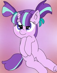 Size: 1396x1787 | Tagged: safe, artist:applelovepony, starlight glimmer, pony, unicorn, g4, cute, female, filly, filly starlight glimmer, glimmerbetes, pigtails, sitting, solo, younger