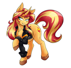 Size: 3602x3450 | Tagged: safe, artist:ambris, sunset shimmer, pony, unicorn, g4, clothes, equestria girls outfit, female, grin, high res, jacket, leather jacket, mare, simple background, smiling, solo, transparent background, unshorn fetlocks
