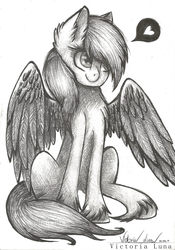 Size: 1631x2333 | Tagged: safe, artist:victoria-luna, rainbow dash, pegasus, pony, g4, cute, dashabetes, female, grayscale, heart, looking at something, mare, monochrome, pencil drawing, signature, simple background, sitting, smiling, solo, speech bubble, spread wings, traditional art, white background, wings