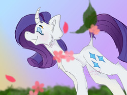 Size: 1280x960 | Tagged: safe, artist:prismatic-pencil, rarity, pony, unicorn, g4, blurry background, curved horn, cutie mark, dock, eyebrow piercing, eyes closed, eyeshadow, female, flower, fluffy, grass field, horn, leaves, makeup, mare, piercing, smiling, solo