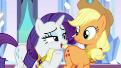 Size: 1920x1080 | Tagged: safe, screencap, applejack, rarity, pegasus, pony, unicorn, g4, the beginning of the end, crystal, crystal castle, element of generosity, element of honesty, female, looking at each other, mare, open mouth