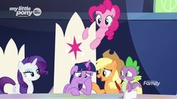 Size: 1920x1080 | Tagged: safe, screencap, applejack, pinkie pie, rarity, spike, twilight sparkle, alicorn, dragon, pony, g4, the beginning of the end, paper, quill, twilight sparkle (alicorn), winged spike, wings, worried