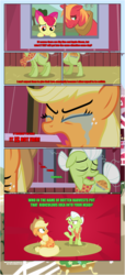 Size: 1919x4225 | Tagged: safe, artist:estories, apple bloom, applejack, big macintosh, granny smith, earth pony, pony, comic:a(pple)ffection, g4, angry, apple family, applejack's hat, comic, cowboy hat, crying, crying on the outside, hat, implied lesbian, stetson