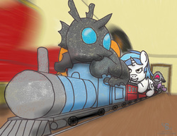 Size: 867x671 | Tagged: safe, artist:scyphi, dj pon-3, octavia melody, vinyl scratch, changeling, g4, aardman animations, crossover, parody, the wrong trousers, train, wallace and gromit
