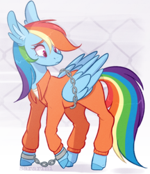 Size: 630x729 | Tagged: safe, artist:sararini, rainbow dash, pony, g4, bound wings, chains, clothes, cuffs, female, prison outfit, prisoner rd, sad, shirt, solo, undershirt, wings