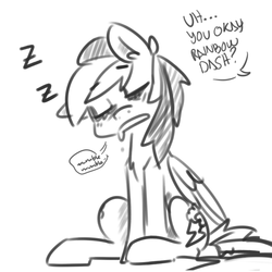 Size: 800x800 | Tagged: safe, artist:xieril, rainbow dash, pegasus, pony, g4, dialogue, drool, female, lineart, monochrome, offscreen character, onomatopoeia, sitting, sleeping, solo, sound effects, zzz
