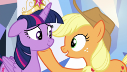 Size: 1920x1080 | Tagged: safe, screencap, applejack, twilight sparkle, alicorn, pony, g4, the beginning of the end, big crown thingy, jewelry, regalia, twilight sparkle (alicorn)