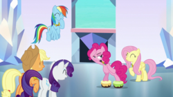 Size: 1920x1080 | Tagged: safe, screencap, applejack, fluttershy, pinkie pie, rainbow dash, rarity, earth pony, pegasus, pony, unicorn, g4, the beginning of the end, belly, bipedal, cakewalk, element of generosity, element of honesty, element of kindness, element of laughter, element of loyalty, horn, laughing, moonwalk, visual gag