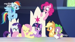 Size: 1920x1080 | Tagged: safe, screencap, applejack, fluttershy, pinkie pie, rainbow dash, rarity, spike, twilight sparkle, alicorn, dragon, pony, g4, the beginning of the end, mane seven, mane six, paper, twilight sparkle (alicorn), winged spike, wings
