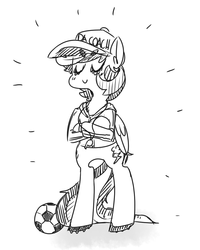 Size: 1060x1324 | Tagged: safe, artist:xieril, rainbow dash, pegasus, pony, semi-anthro, g4, ball, bipedal, black and white, cap, clothes, crossed hooves, eyes closed, female, football, grayscale, hat, human pose, mare, monochrome, simple background, sketch, solo, sports, whistle, white background