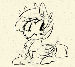 Size: 650x576 | Tagged: safe, artist:xieril, rainbow dash, pegasus, pony, g4, beanbrows, chest fluff, eyebrows, eyebrows visible through hair, female, grayscale, lineart, lying down, mare, monochrome, prone, sketch, solo