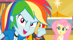 Size: 640x359 | Tagged: safe, screencap, fluttershy, rainbow dash, sunset shimmer, equestria girls, g4, my little pony equestria girls: rainbow rocks, animated, evil grin, female, gif, grin, smiling, talking