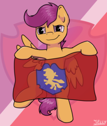 Size: 1700x2000 | Tagged: safe, artist:jellysketch, scootaloo, pegasus, pony, g4, clothes, cutie mark, cutie mark background, female, filly, flag, see-through, signature, solo, the cmc's cutie marks