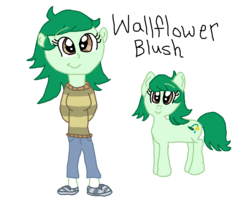 Size: 996x808 | Tagged: safe, artist:nightshadowmlp, wallflower blush, earth pony, human, pony, equestria girls, equestria girls specials, g4, my little pony equestria girls: better together, my little pony equestria girls: forgotten friendship, clothes, duo, equestria girls ponified, female, human ponidox, mare, ponified, self ponidox, simple background, smiling, white background