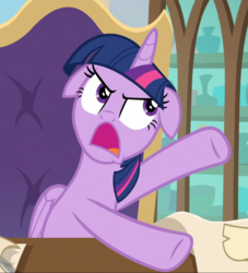 Size: 846x932 | Tagged: safe, screencap, twilight sparkle, alicorn, pony, g4, the beginning of the end, annoyed, cropped, female, floppy ears, mare, open mouth, paper, scroll, sitting, solo, twilight sparkle (alicorn), yelling