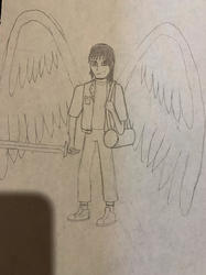 Size: 1280x1707 | Tagged: safe, artist:pennywise33, oc, oc only, oc:bastiel, angel, human, equestria girls, g4, humanized, solo, sword, traditional art, weapon, winged humanization, wings, wings down