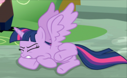 Size: 1604x983 | Tagged: safe, screencap, twilight sparkle, alicorn, pony, g4, the beginning of the end, cropped, eyes closed, female, lying on the ground, mare, solo, spread wings, twilight sparkle (alicorn), wings