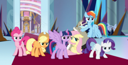Size: 1647x846 | Tagged: safe, screencap, applejack, discord, fluttershy, pinkie pie, rainbow dash, rarity, twilight sparkle, alicorn, draconequus, earth pony, pegasus, pony, unicorn, g4, the beginning of the end, angry, cropped, female, floppy ears, flying, growling, male, mane six, mare, spread wings, twilight sparkle (alicorn), wings