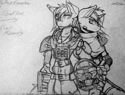 Size: 1380x1049 | Tagged: safe, artist:fanliterature101, oc, oc only, oc:calamity, oc:velvet remedy, anthro, fallout equestria, traditional art