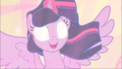 Size: 1748x983 | Tagged: safe, screencap, twilight sparkle, alicorn, pony, g4, the beginning of the end, cropped, ethereal mane, female, glowing eyes, glowing horn, horn, mare, open mouth, smiling, solo, spread wings, twilight sparkle (alicorn), wings