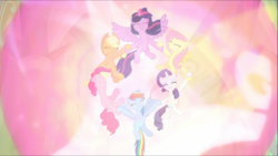 Size: 1745x983 | Tagged: safe, screencap, applejack, fluttershy, pinkie pie, rainbow dash, rarity, twilight sparkle, alicorn, earth pony, pegasus, pony, unicorn, g4, the beginning of the end, cute, epic, ethereal mane, eyes closed, female, floating, glowing horn, holding hooves, horn, light, magic, magic aura, magic of friendship, mane six, mare, nose in the air, smiling, spread wings, teamwork, twilight sparkle (alicorn), wings
