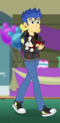 Size: 253x516 | Tagged: safe, screencap, banana (g4), flash sentry, dog, best in show: the victory lap, equestria girls, g4, my little pony equestria girls: better together, boston terrier, clothes, converse, cropped, hoodie, male, pants, shoes, sneakers
