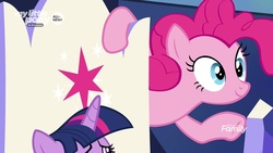 Size: 1920x1080 | Tagged: safe, screencap, pinkie pie, twilight sparkle, alicorn, earth pony, pony, g4, the beginning of the end, discovery family logo, friendship throne, twilight sparkle (alicorn)