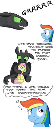 Size: 720x1678 | Tagged: safe, artist:hoofclid, fluttershy, rainbow dash, dragon, night fury, pegasus, pony, g4, crossover, cute, dreamworks, growling, how to train your dragon, implied harry the bear, overprotective, protecting, thought bubble, toothless the dragon