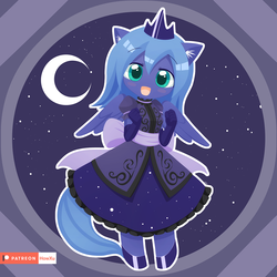 Size: 1200x1200 | Tagged: safe, artist:howxu, princess luna, alicorn, anthro, chibi, clothes, crescent moon, crown, cute, daaaaaaaaaaaw, dress, female, filly, hnnng, jewelry, looking at you, lunabetes, moon, patreon, patreon logo, regalia, s1 luna, solo, wings, woona, younger