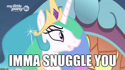 Size: 888x499 | Tagged: safe, edit, edited screencap, screencap, princess celestia, pony, g4, the beginning of the end, caption, evil smile, female, grin, image macro, imma snuggle you, smiling, solo, text, this will end in hape, this will end in snuggles