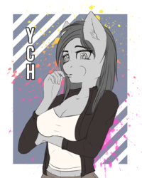 Size: 2500x3128 | Tagged: safe, artist:mintjuice, anthro, advertisement, breasts, candy, clothes, commission, female, food, high res, jacket, leather jacket, lollipop, looking at you, mare, tank top, thug, thug life, your character here