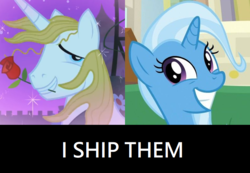 Size: 788x546 | Tagged: safe, edit, edited screencap, screencap, prince blueblood, trixie, pony, all bottled up, g4, the best night ever, female, male, ship:bluetrix, shipping, shipping domino, straight, why