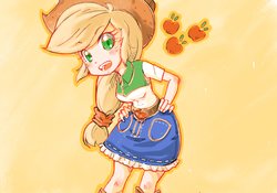Size: 2048x1431 | Tagged: safe, artist:bonoramo, applejack, equestria girls, g4, beautiful, belt, belt buckle, boots, clothes, colored pupils, cowboy boots, cowboy hat, cowgirl, cute, denim skirt, female, fingernails, freckles, green eyes, hand on hip, hat, jackabetes, looking at you, orange background, pixiv, shirt, shoes, simple background, skirt, solo, stetson, woman, yellow hair