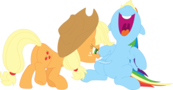 Size: 3556x1843 | Tagged: safe, artist:porygon2z, applejack, rainbow dash, earth pony, pegasus, pony, g4, applebutt, applejack's hat, belly tickling, butt, cowboy hat, duo, duo female, feather, female, hat, laughing, nose in the air, open mouth, plot, simple background, tickling, transparent background, uvula, vector, volumetric mouth