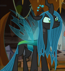 Size: 904x983 | Tagged: safe, screencap, grogar, lord tirek, queen chrysalis, changeling, changeling queen, the beginning of the end, cropped, cute, cutealis, female, floppy ears, looking up, pouting, queen chrysalis is not amused, solo focus, unamused