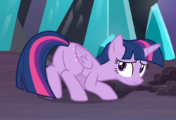 Size: 1089x747 | Tagged: safe, screencap, twilight sparkle, alicorn, pony, the beginning of the end, butt, cropped, crouching, cute, dirt, female, folded wings, looking back, mare, plot, sad, sadorable, solo, twilight sparkle (alicorn), wings