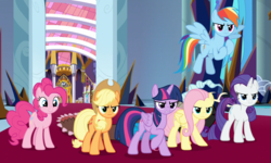 Size: 1442x864 | Tagged: safe, screencap, applejack, discord, fluttershy, pinkie pie, rainbow dash, rarity, twilight sparkle, alicorn, draconequus, earth pony, pegasus, pony, unicorn, g4, the beginning of the end, angry, cropped, cute, determined, female, flying, madorable, male, mane six, mare, raised hoof, smiling, twilight sparkle (alicorn), varying degrees of want