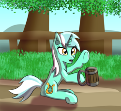 Size: 1628x1496 | Tagged: safe, artist:platinumdrop, lyra heartstrings, pony, unicorn, g4, cider, cutie mark, female, grass, hooves, horn, mare, open mouth, shadow, solo, tankard, tree