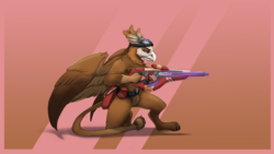 Size: 3333x1875 | Tagged: safe, artist:kittytitikitty, oc, oc only, oc:suban, griffon, anthro, covenant carbine, goggles, gun, halo (series), quadrupedal, rifle, toolbelt, trigger discipline, weapon