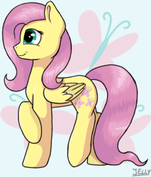 Size: 1700x2000 | Tagged: safe, artist:jellysketch, fluttershy, butterfly, pegasus, pony, g4, cutie mark background, female, folded wings, mare, profile, shy, solo, standing, wings