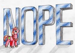 Size: 3302x2365 | Tagged: safe, artist:40kponyguy, derpibooru exclusive, big macintosh, earth pony, pony, g4, colored pencil drawing, high res, horse collar, looking up, male, nope, reaction image, simple background, solo, stallion, traditional art, white background