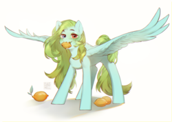 Size: 1000x708 | Tagged: safe, artist:dagmell, oc, oc only, oc:leni flaure, pegasus, pony, fangs, female, food, green mane, heterochromia, lemon, looking at you, mare, mouth hold, simple background, solo, spread wings, standing, three quarter view, white background, wings