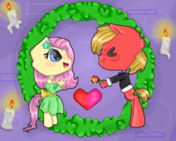 Size: 500x400 | Tagged: safe, artist:lindiemalfoy, big macintosh, fluttershy, anthro, unguligrade anthro, g4, ><, bare shoulders, blushing, candle, chibi, clothes, dress, eyes closed, female, flower, heart, male, request, ship:fluttermac, shipping, straight, tuxedo, wreath