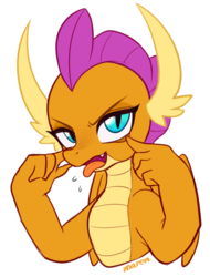 Size: 1985x2610 | Tagged: safe, artist:maren, smolder, dragon, g4, akanbe, cute, dragoness, eyelid pull, female, looking at you, simple background, smolderbetes, solo, tongue out, white background