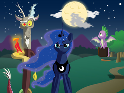 Size: 3600x2700 | Tagged: safe, artist:miipack603, discord, princess luna, spike, dragon, ghost, phoenix, g4, book, cel shading, complex background, crown, dark, determined, everfree forest, fimfiction, flowing mane, flowing tail, flying, forest, glowing mane, glowing tail, high res, hill, horn, jewelry, moon, mountain, nervous, night, pathway, regalia, scared, shading, shadow, simple shading, sky, smiling, smirk, spirit, stars, winged spike, wings